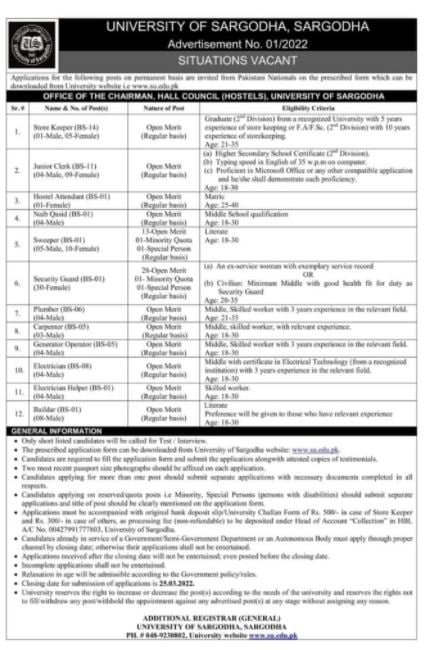 Uos Jobs 2022 University Of Sargodha Latest Advertisement